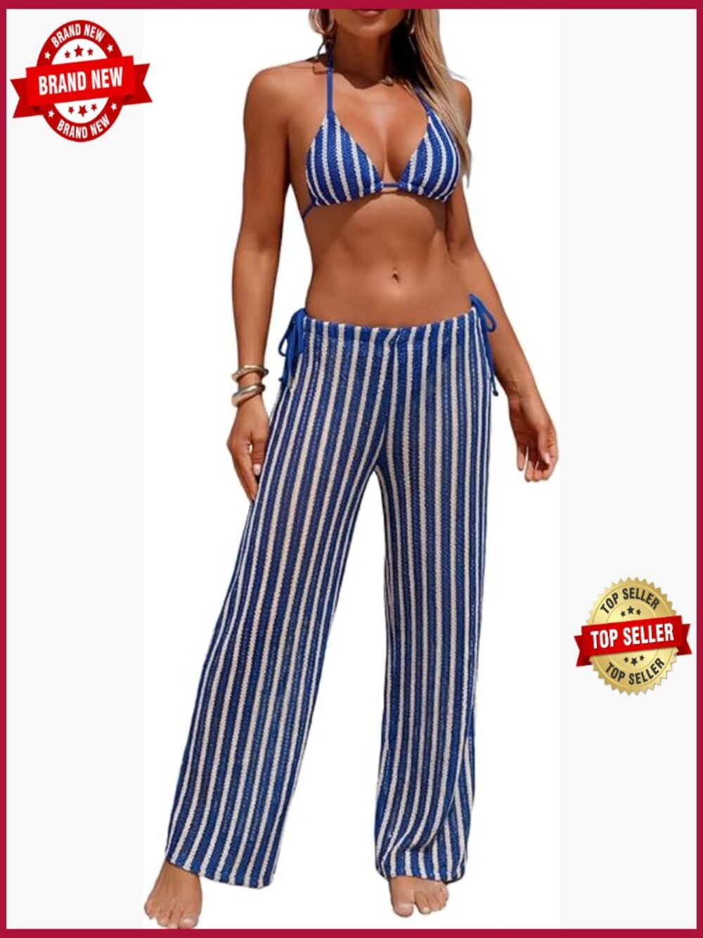 Halter Triangle Bikini Set with Cover Up Pants 3 Piece